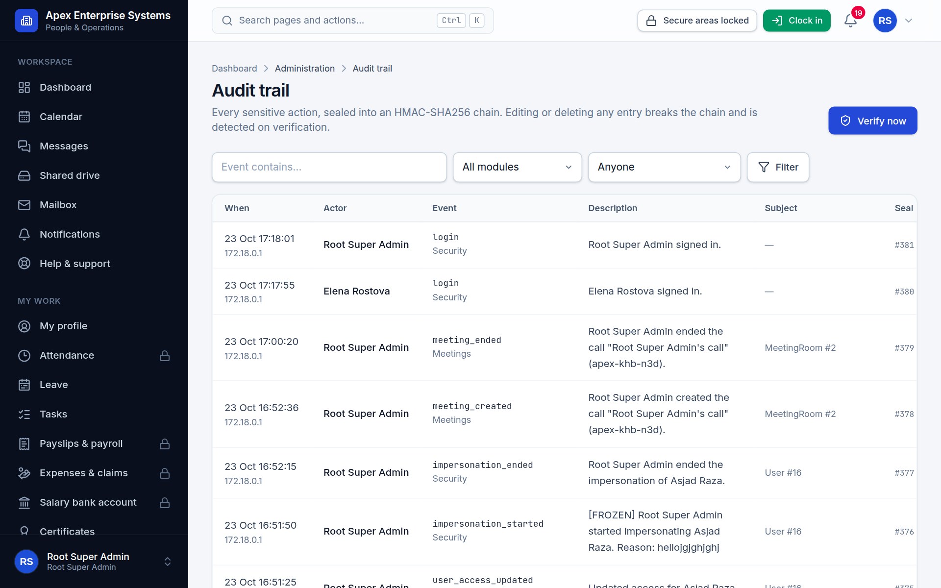 The activity log, showing each entry sealed to the one before it.