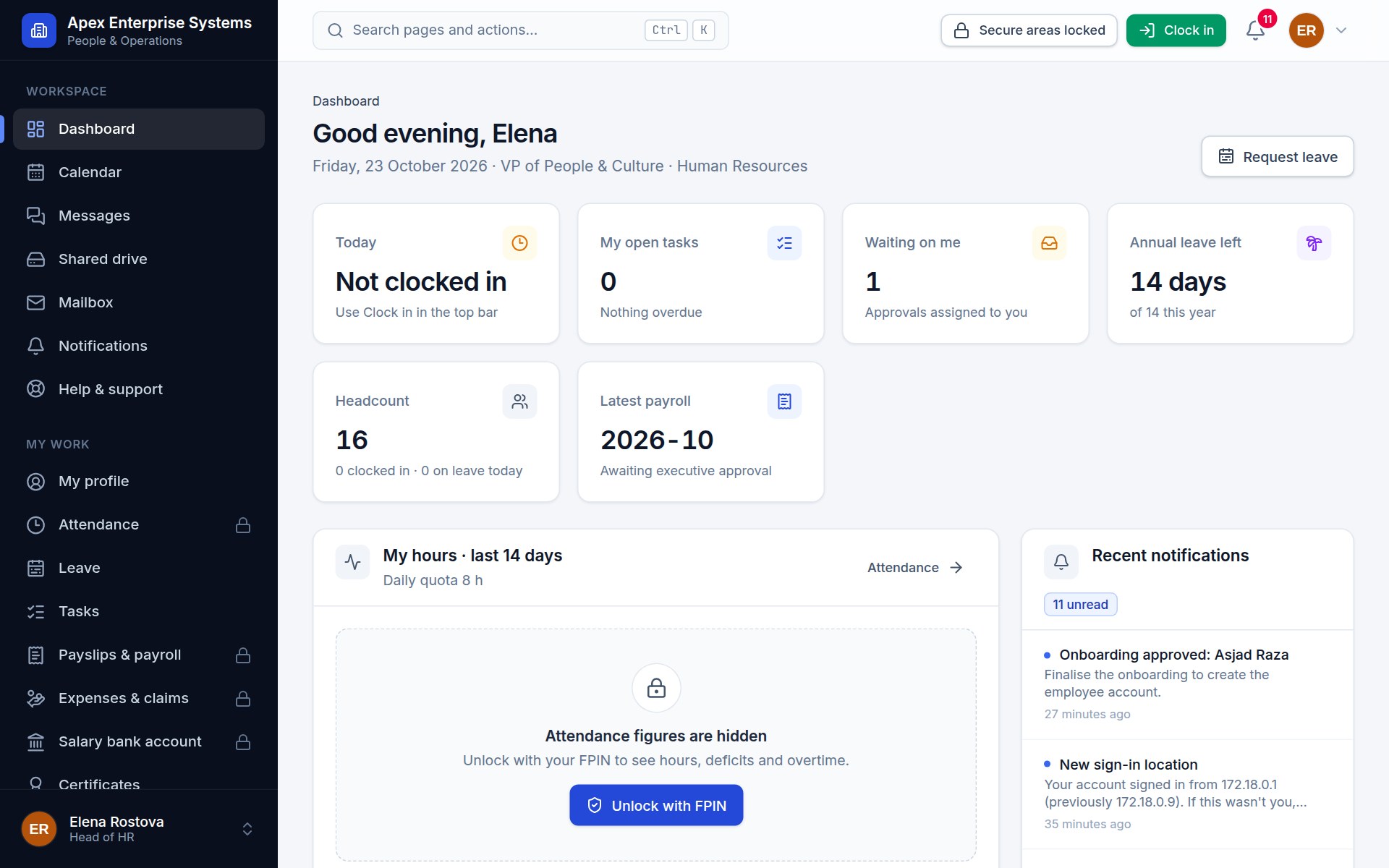 A dashboard showing hours, open approvals, headcount and the latest payroll run.