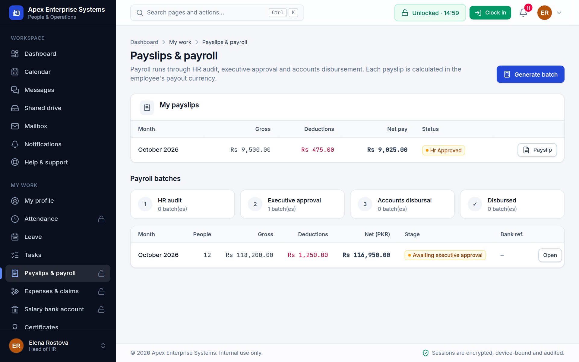 The payroll screen, showing a batch moving through HR audit, executive approval and accounts disbursal.
